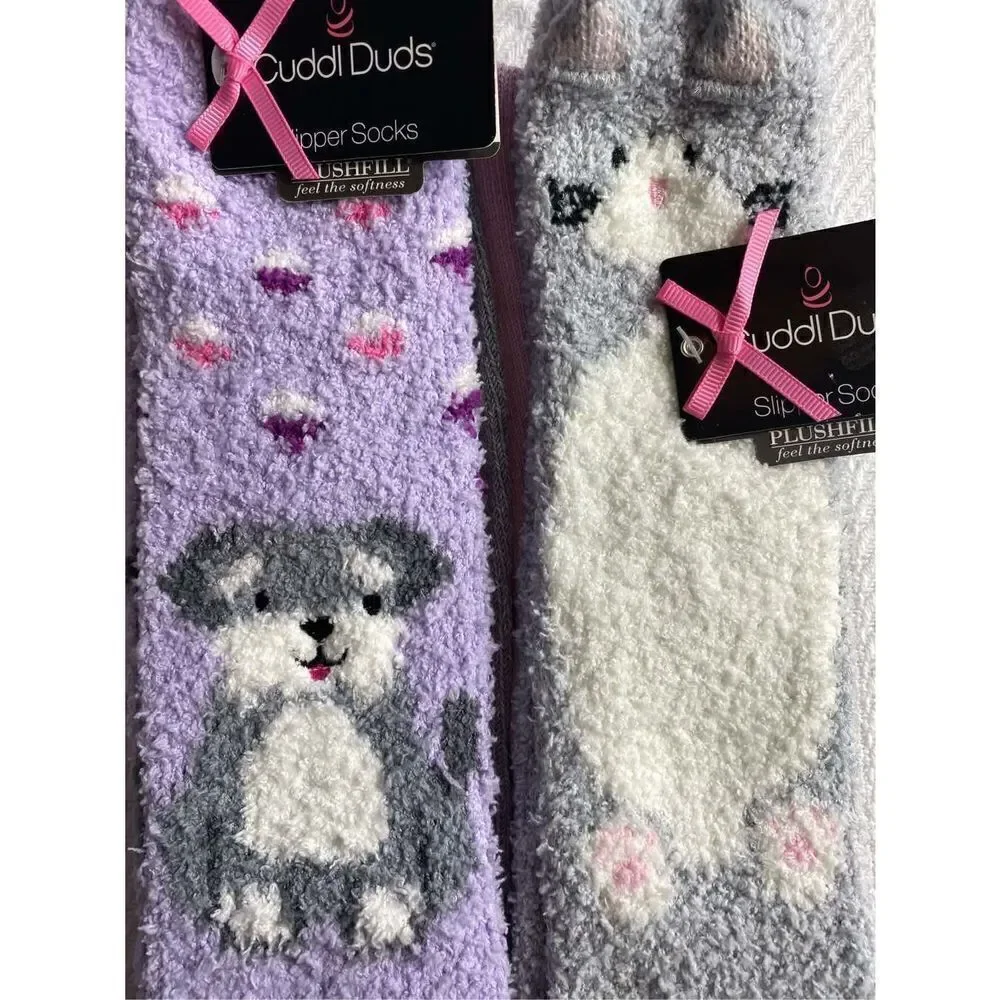 Cuddl Duds Girls Shoe Size 4-10 Lounge Crew Slipper Socks Total 4 Pr